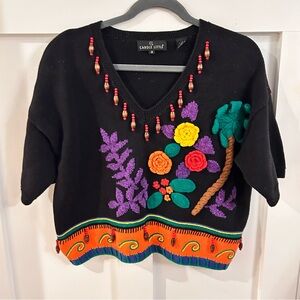 Carole Little Black shirtsleeve sweater Palm tree with Colorful Embroidery beads